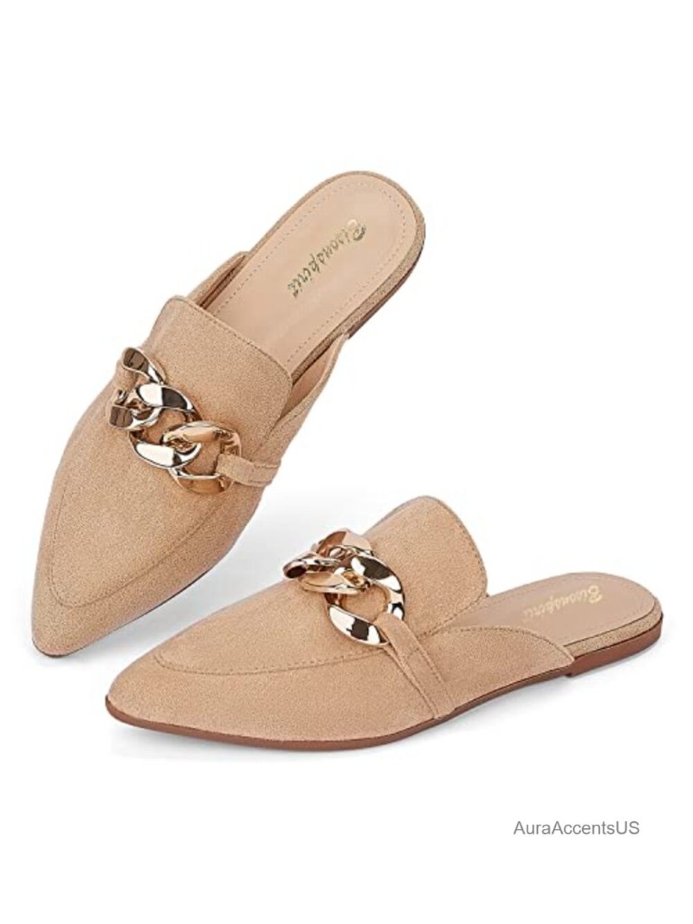 Pointed Toe Mules Flats Slip On Slides Loafers with Metal Chain